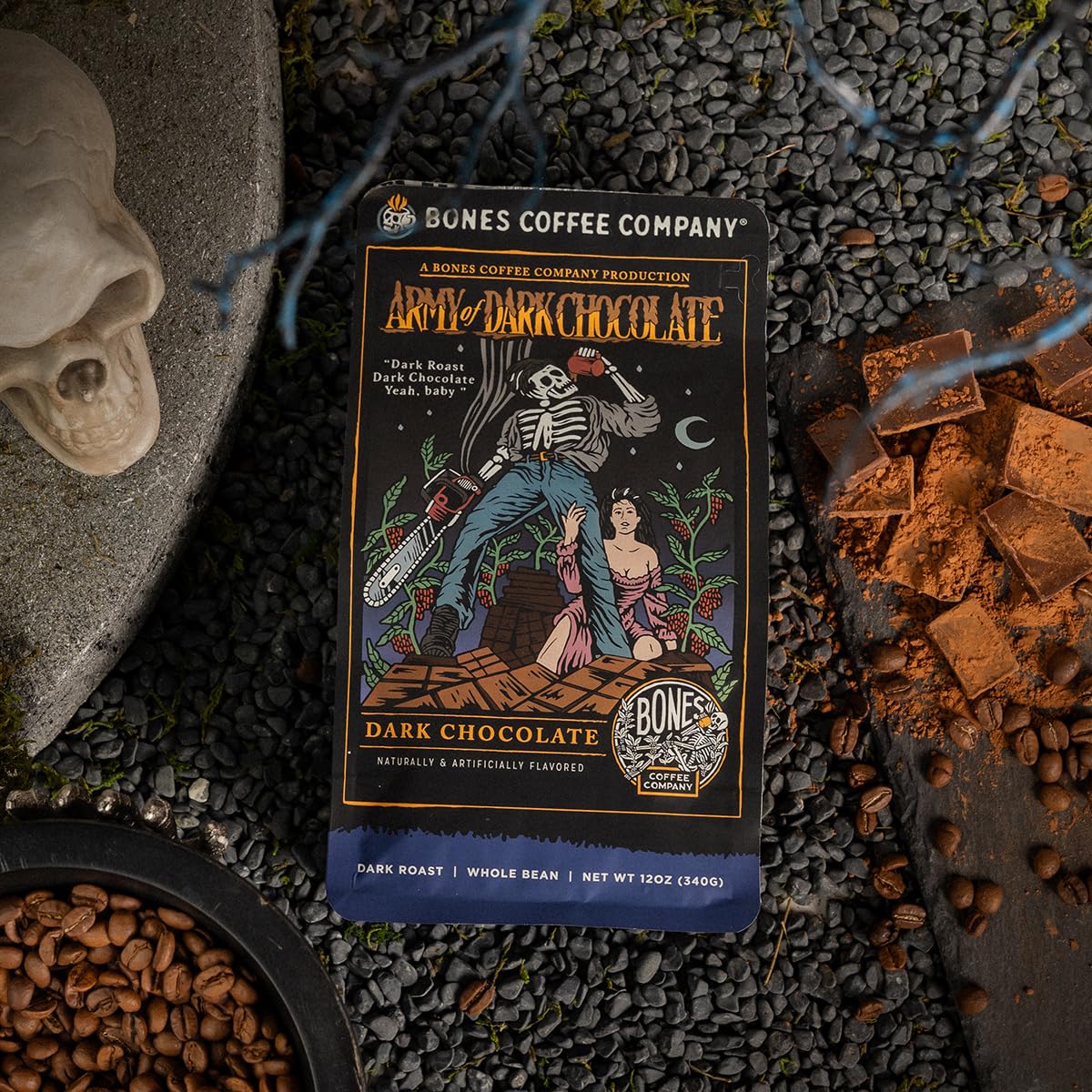 Bones Coffee Company Army of the Dark Chocolate Flavored Coffee, Medium Roast Low Acid Arabica Beans Compatible with Auto drip and French Press Coffee Maker, 12 Oz Ground