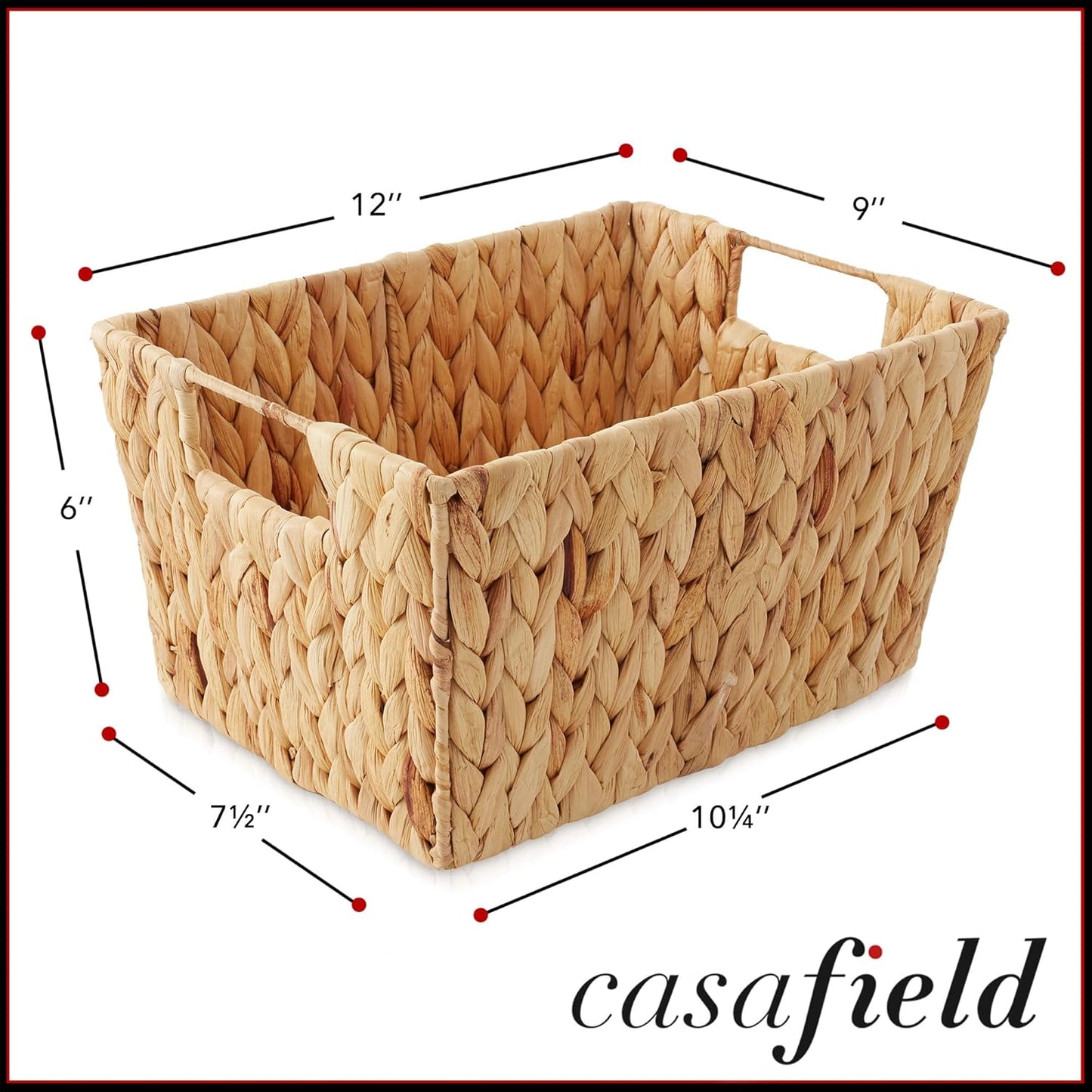 Casafield Set of 4 Water Hyacinth Storage Baskets with Handles - Natural, Woven Rectangular Storage Bins for Shelves, Blankets, Laundry Organization