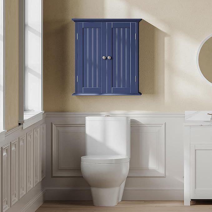 ChooChoo Bathroom Wall Cabinet, Over The Toilet Space Saver Storage Cabinet, Medicine Cabinet with 2 Door and Adjustable Shelves, Cupboard, Navy Blue