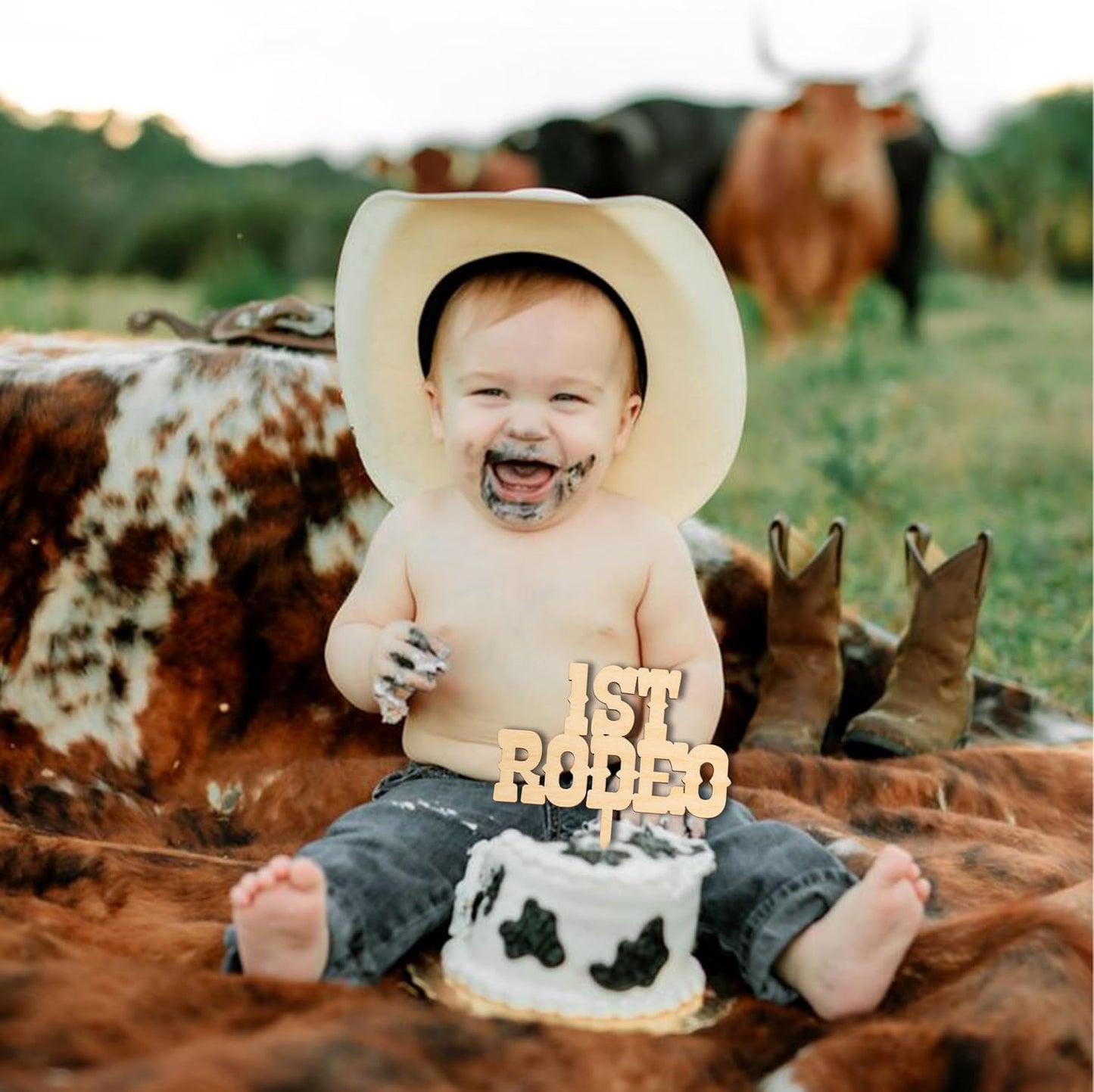 1st Rodeo Cake Topper - Western Theme First Birthday Cake Decoration, Suitable for Baby Shower Favors, Anniversary or Photo Booth Props