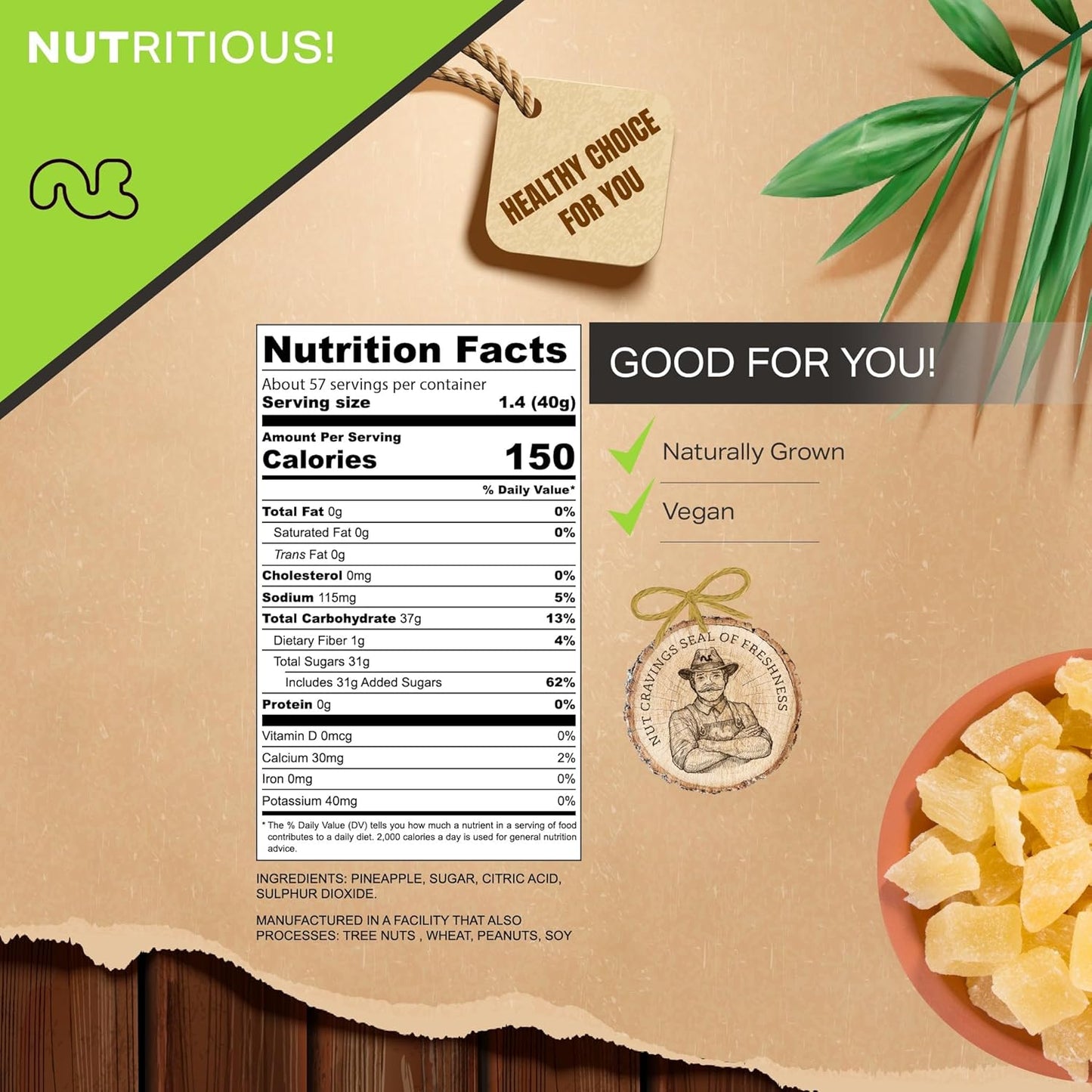 NUT CRAVINGS - Sun Dried Pineapple Chunks, Lightly Sweetened (80oz, 5 LB) Bulk Dry Fruits Packed Fresh in Resealable Bag - Sweet Healthy Snack, Naturally Grown, Vegan, Kosher