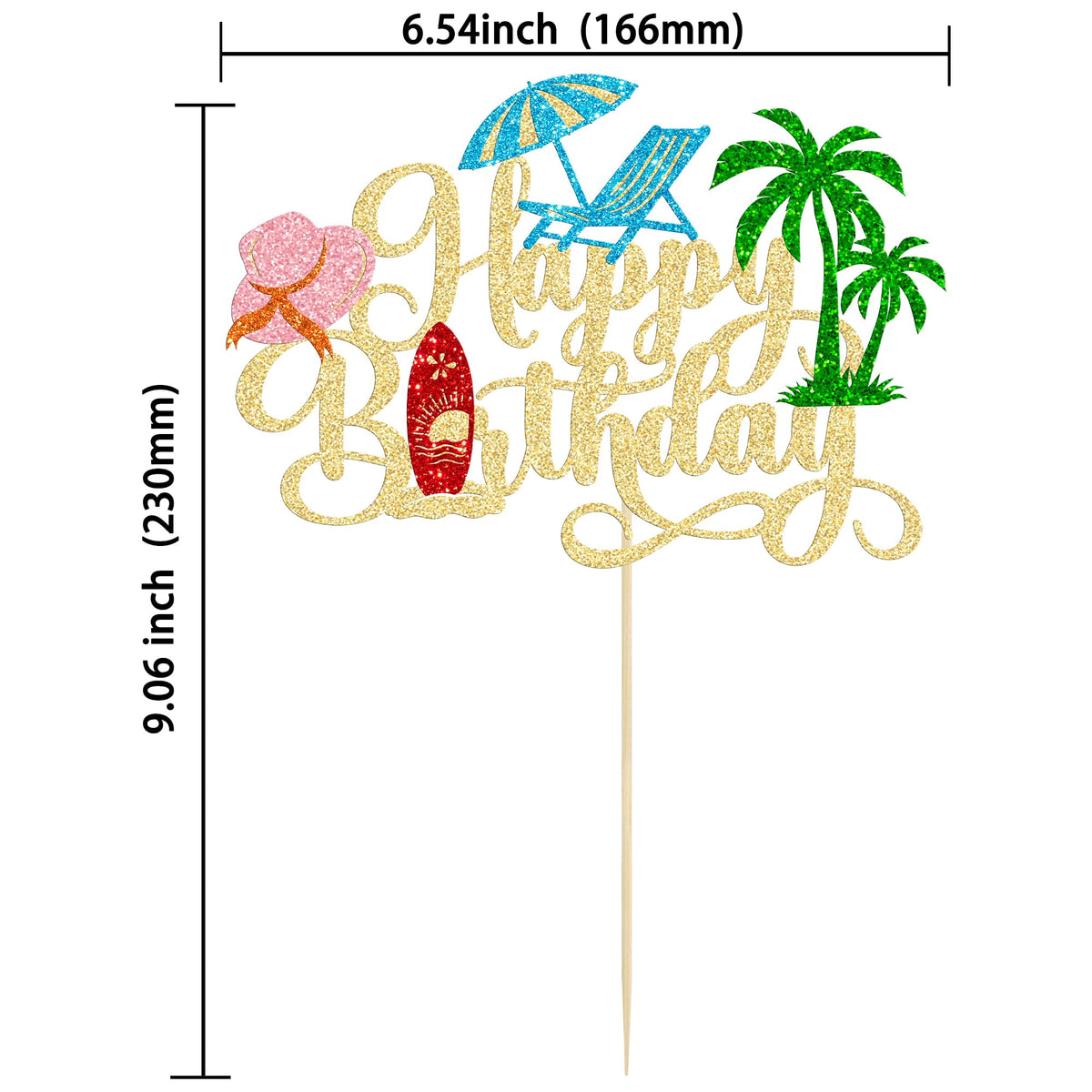 1Pcs Summer Beach Happy Birthday Cake Topper Glitter Ball Tree Umbrella Pool Cake Pick for Hawaiian Holiday Baby Shower Birthday Party Cake Decorations Supplies Gold