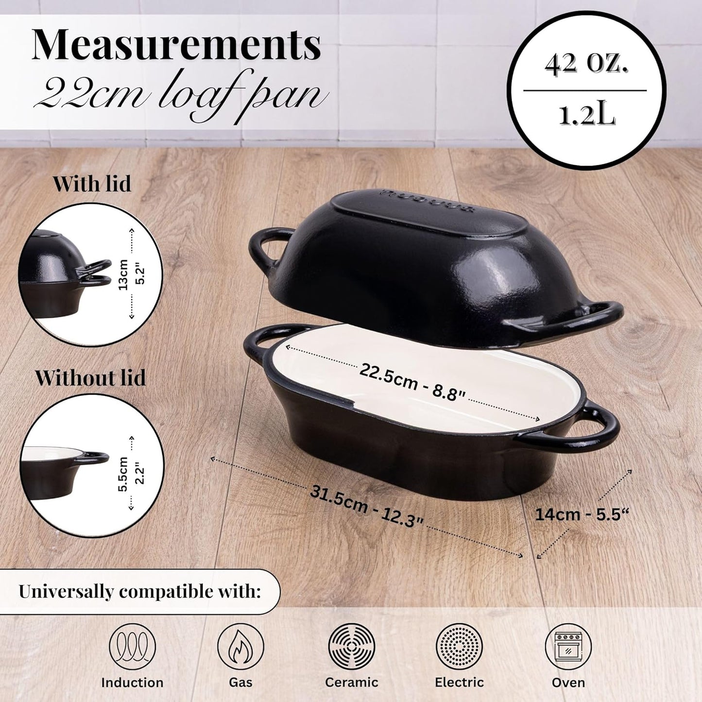 nuovva Dutch Oven For Sourdough Bread Baking – Enamelled Cast Iron Bread Loaf Pot – Oven Safe Non Stick Bread Pot – Rectangular, Black, 24cm x 16cm - Culinary Roots