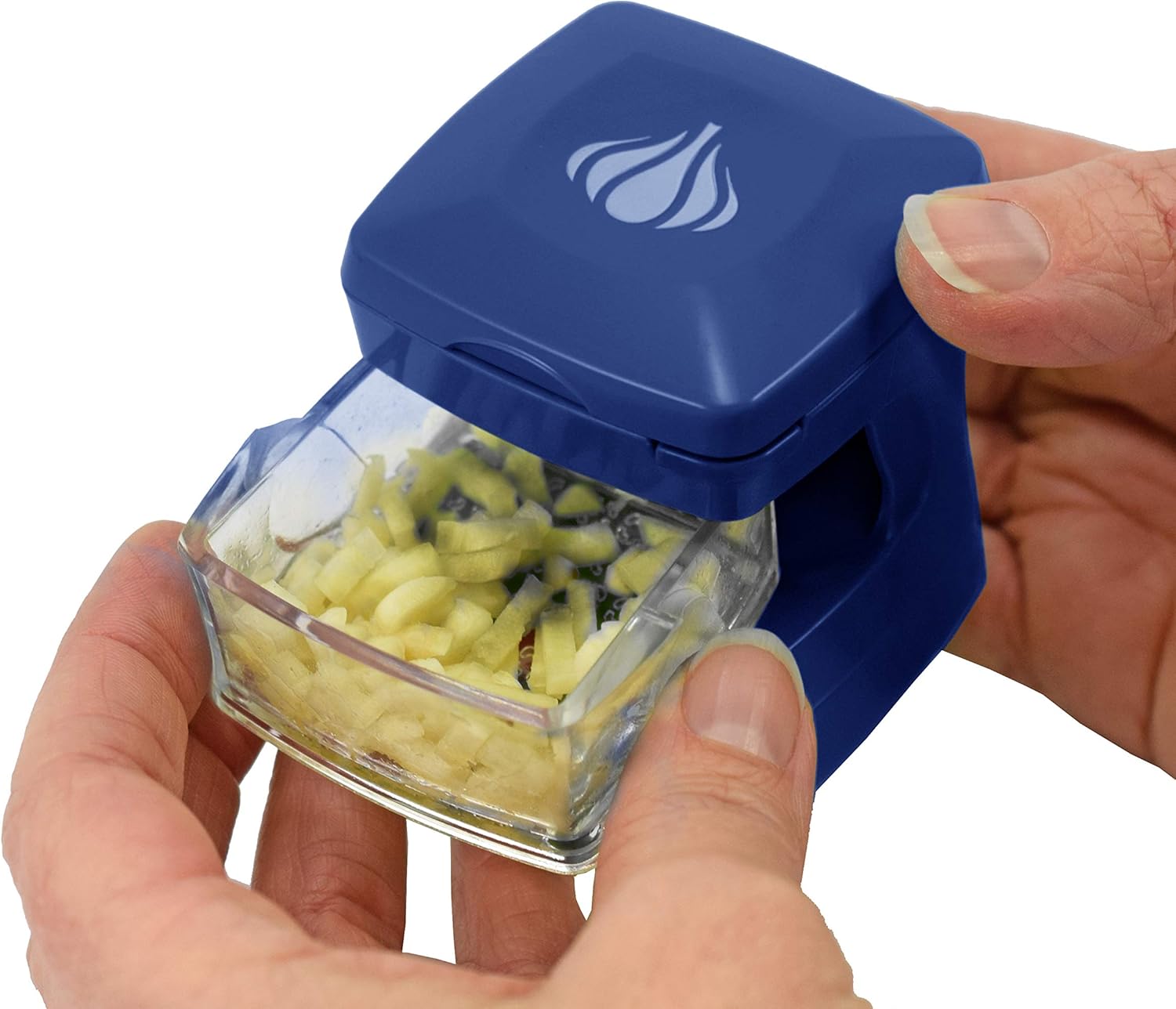Garlic-A-Peel Garlic Press, Crusher, Cutter, Mincer, and Storage Container - Includes Silicone Garlic Peeler - Easy to Clean - Stainless Steel Blades – (Blue), standard - Culinary Roots