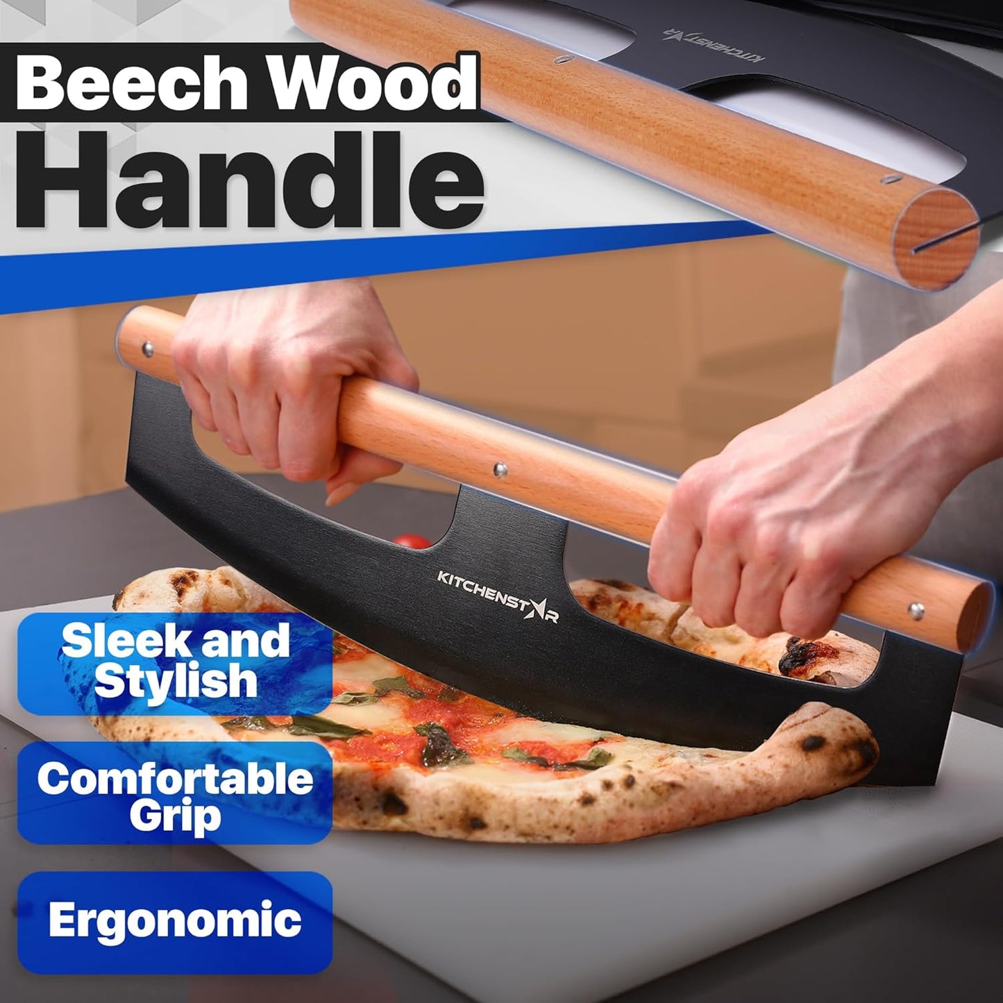 KitchenStar 16-Inch Pizza Cutter Rocker Blade - Razor Sharp Stainless Steel Slicer Knife, Stylish Beech Wood Handle, Protective Cover - Professional Pizza Oven Accessories, Black - Culinary Roots