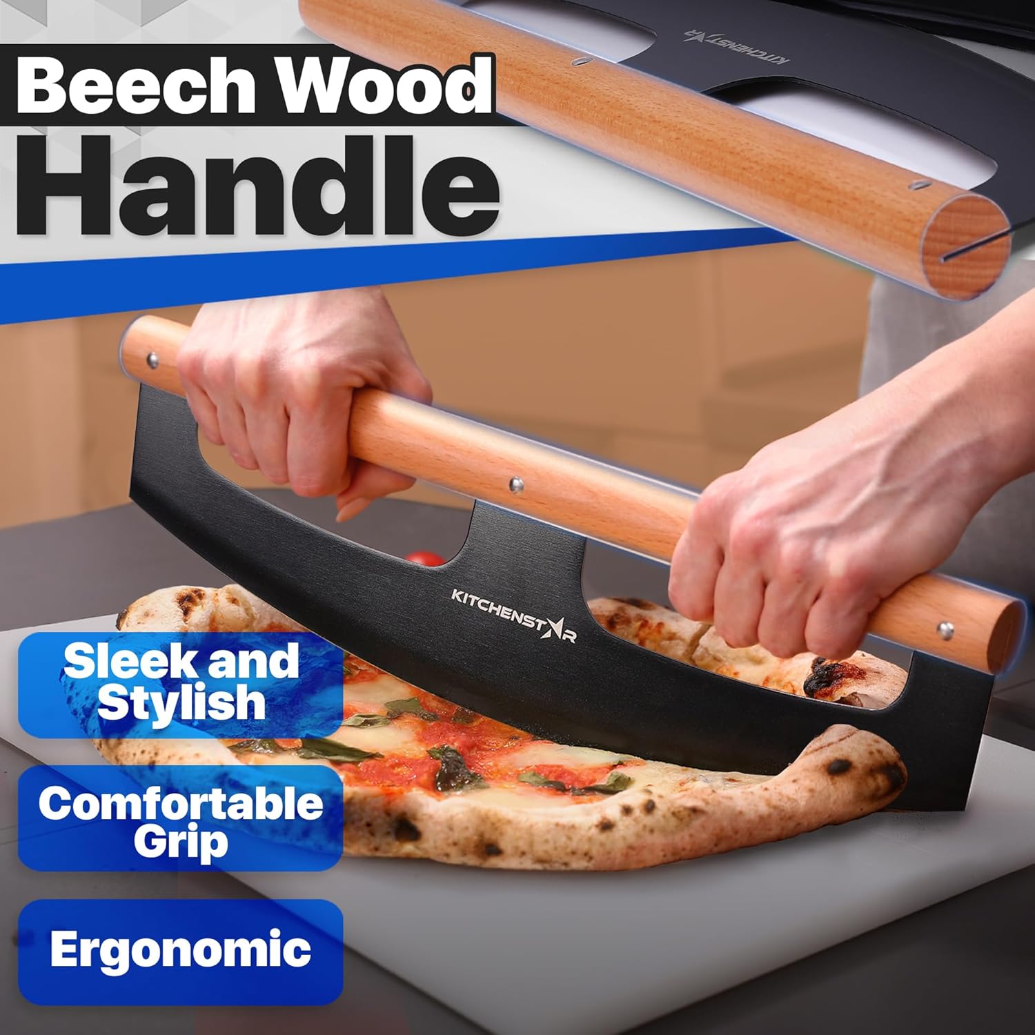 KitchenStar 16-Inch Pizza Cutter Rocker Blade - Razor Sharp Stainless Steel Slicer Knife, Stylish Beech Wood Handle, Protective Cover - Professional Pizza Oven Accessories, Black - Culinary Roots