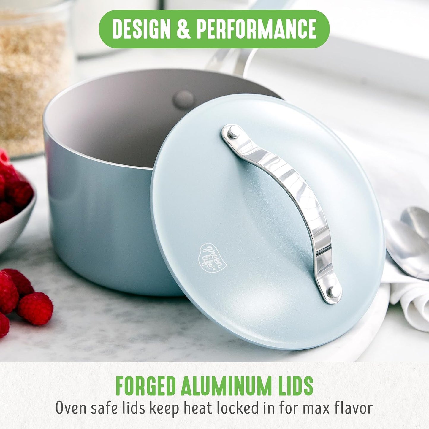 GreenLife 10-Piece Nonstick Ceramic Cookware Set, Lightweight Healthy PFAS-Free Pots & Pans with Lids, Dishwasher & Oven Safe, Durable Body, Silicone Stay-Cool Handles, Easy Release, Blue Haze - Culinary Roots