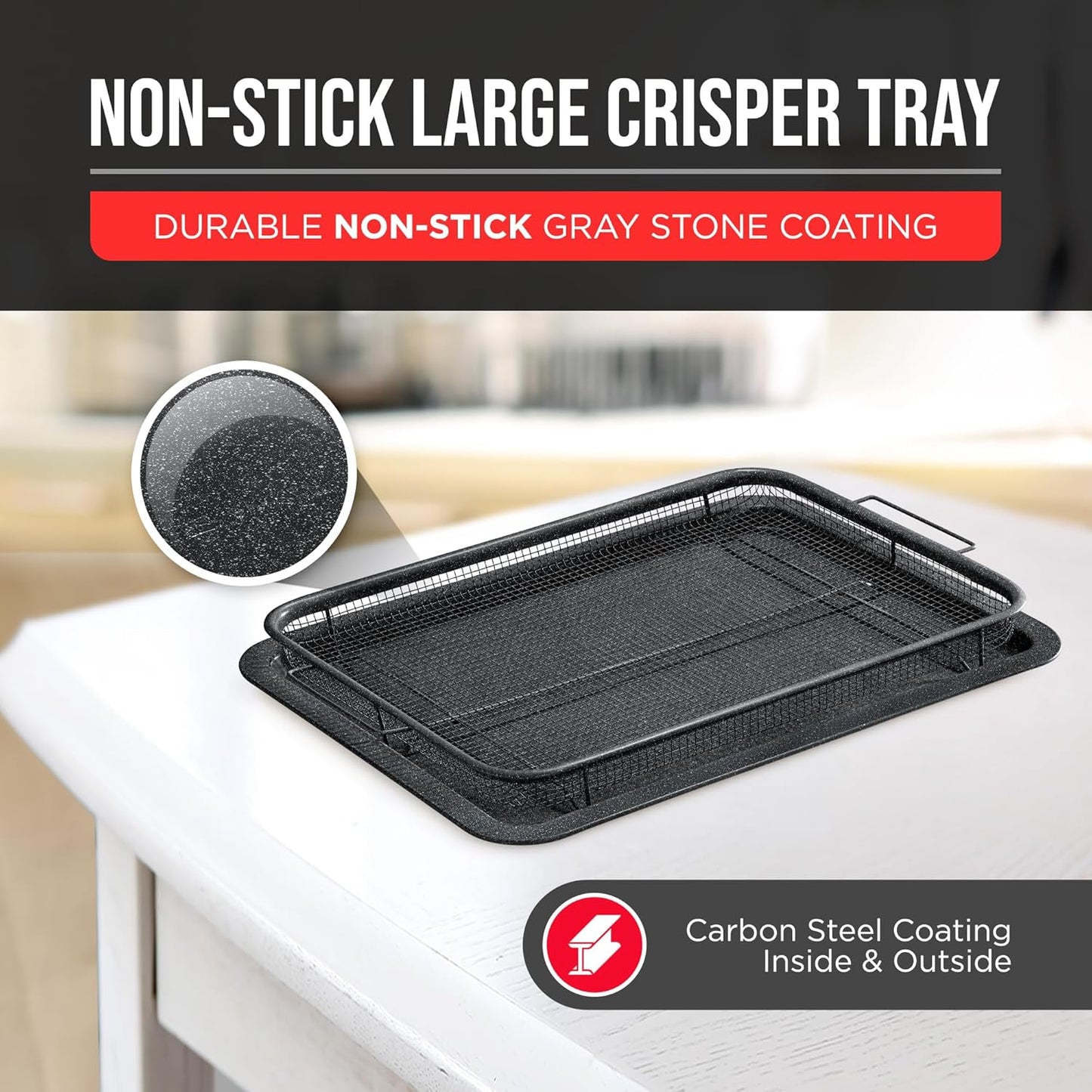 Crisper Tray Gray marble Coating - 2-Piece Set, Non-Stick Basket Design for Healthier Cooking in Regular Ovens - Make Great Crispy Food, Bacon and More, Extra Large Size 19" x 13" - Culinary Roots