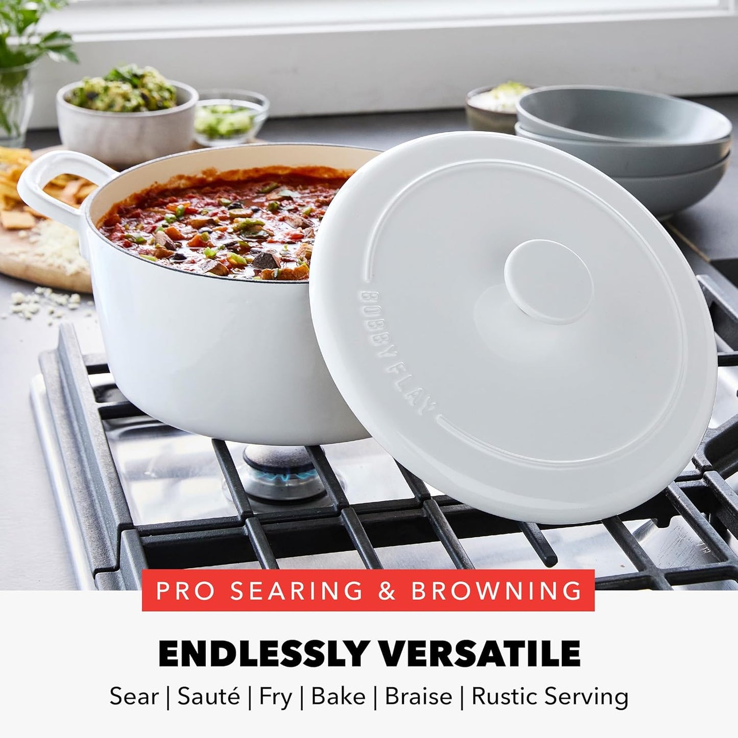 GreenPan x Bobby Flay 5.5QT Enameled Cast Iron Round Dutch Oven with Lid, Dual Handles, Oven Safe to 500F & Induction Suitable, Self Basting Lid, Ultra-Durable, Sear, Braising, Bread, Stews, Ivory - Culinary Roots