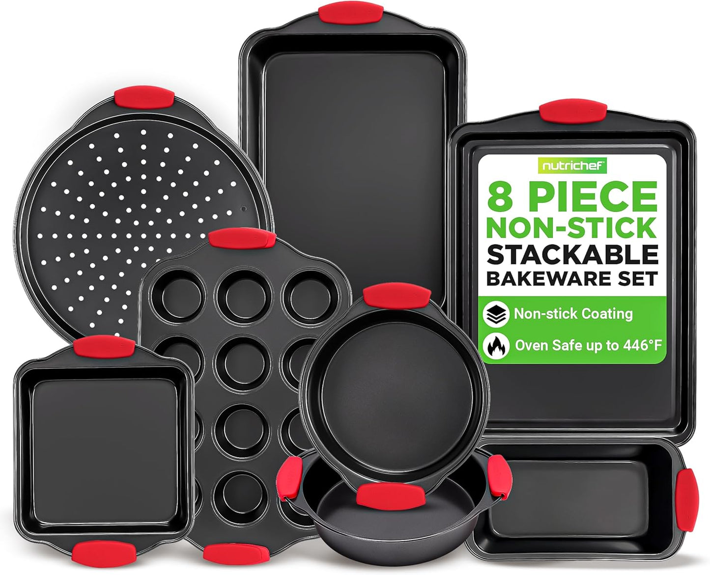 NutriChef Non-Stick Kitchen Oven Baking Pans-Deluxe & Stylish Nonstick Gray Coating Inside Outside, Commercial Grade Restaurant Quality Metal Bakeware with Red Silicone Handles NCSBS8S, 8 Piece Set - Culinary Roots