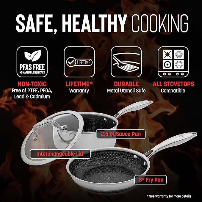 Hell's Kitchen Hybrid Cookware Set, Tri-Clad Stainless and Nonstick Ceramic, PFAS Free Non Toxic Cookware, Metal Utensil Safe, All Cooktops, Induction Ready and Oven Safe (3 Piece Starter Set)