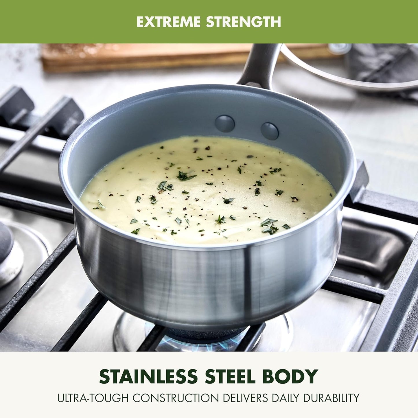 GreenPan Stainless Steel Treviso 2.1QT Saucepan with Lid, Healthy Ceramic Nonstick, PFOA-Free PFAS-Free, Induction, Dishwasher Safe, Oven Safe, Even Heating, Silver - Culinary Roots