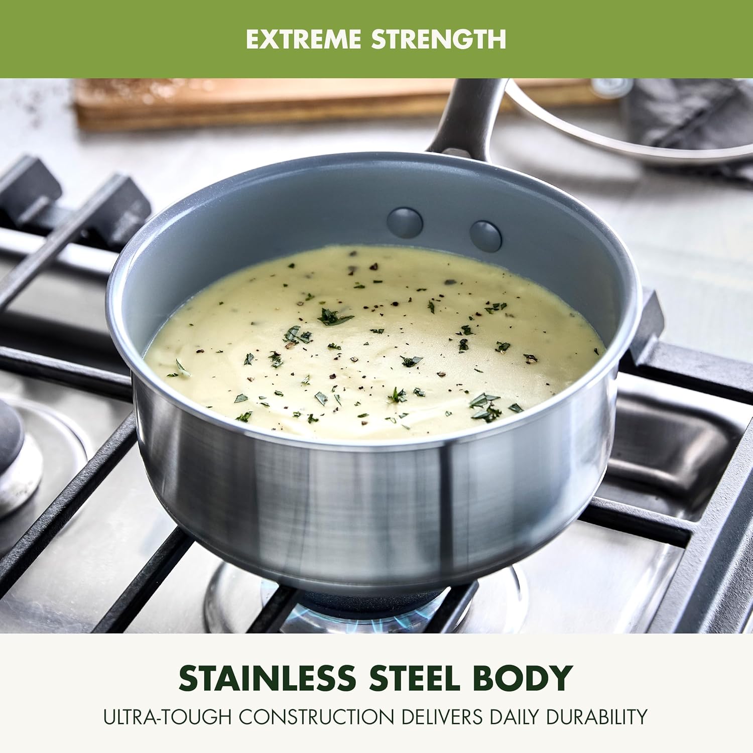 GreenPan Stainless Steel Treviso 2.1QT Saucepan with Lid, Healthy Ceramic Nonstick, PFOA-Free PFAS-Free, Induction, Dishwasher Safe, Oven Safe, Even Heating, Silver - Culinary Roots