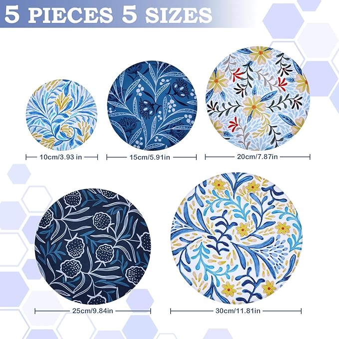 5-Size Reusable Beeswax Bowl Covers for Bread Proofing, Cotton Cloth Flexible Beeswax Wraps for Food Storage(Blue Floral)