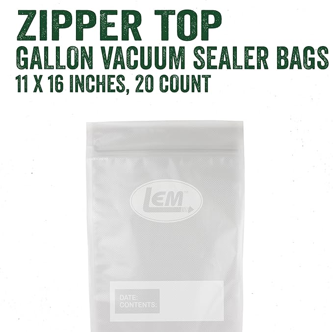 LEM Products Gallon Zipper Top Vacuum Sealer Bags, 11 x 16 Inches, Compatible with Most Major Vacuum Sealer Brands, 20 Count