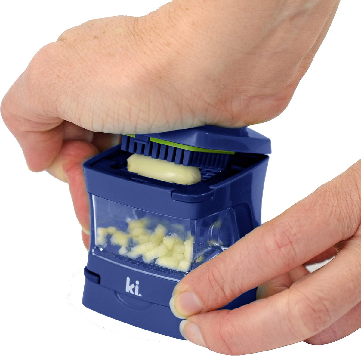 Garlic-A-Peel Garlic Press, Crusher, Cutter, Mincer, and Storage Container - Includes Silicone Garlic Peeler - Easy to Clean - Stainless Steel Blades – (Blue), standard - Culinary Roots