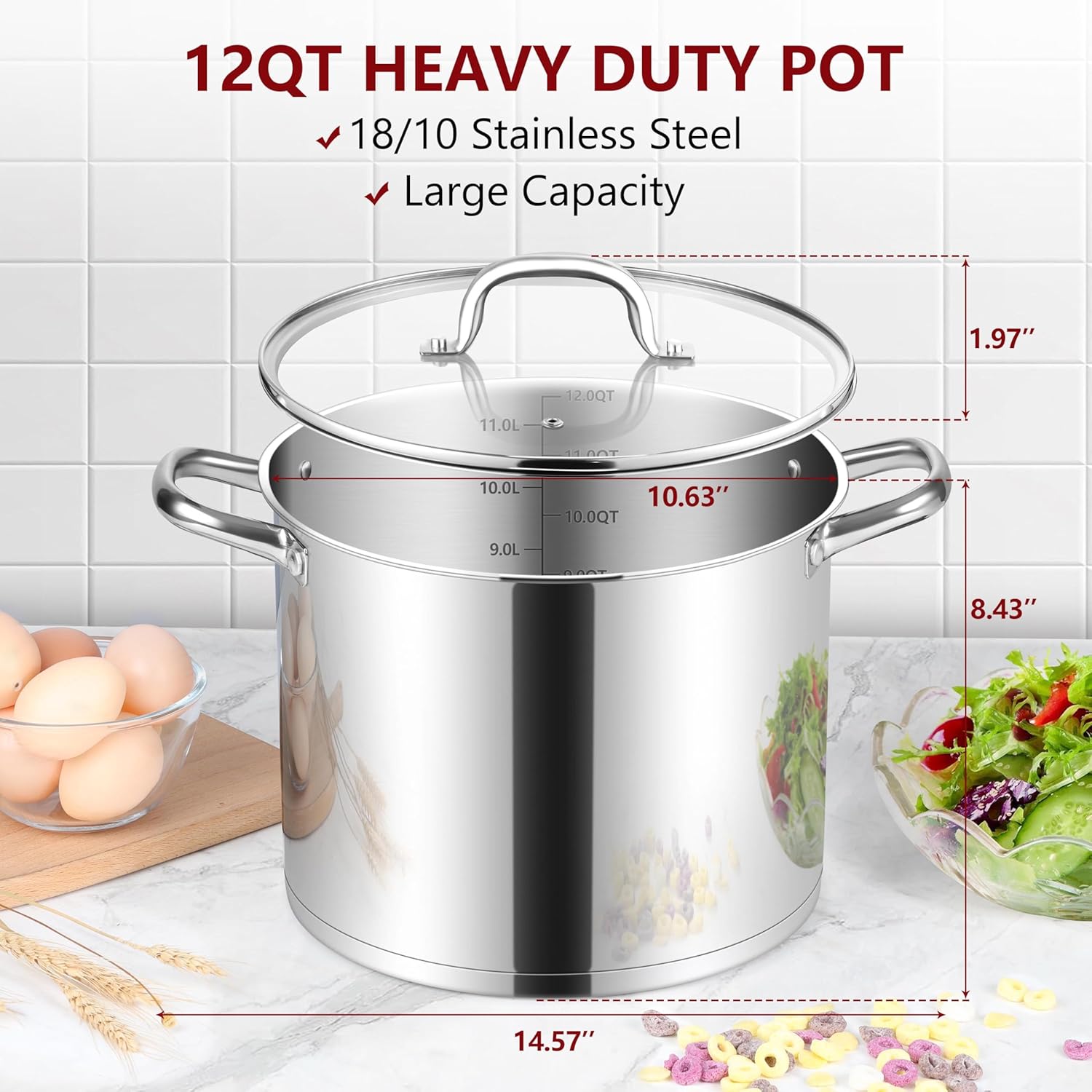 Herogo 12-Quart 18/10 Stainless Steel Stock Pot with Lid, Large Heavy Duty Soup Pot Compatible with Electric, Gas, Induction and Various Cooktops, Dishwasher Safe - Culinary Roots