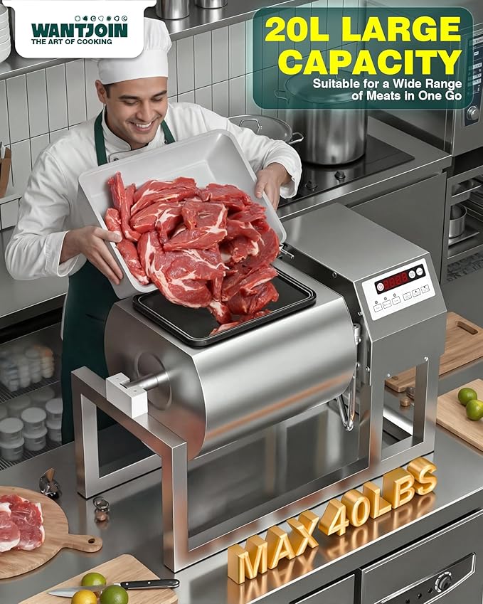 WantJoin Vacuum Tumbler Marinator - Max.20LBS Commercial Meat Tumbler Marinator 20L 30Min Fast Marinating,80W Copper Motor, Bidirectional Rotation,3 Speeds, Meat Tumbler for Catering Kitchen
