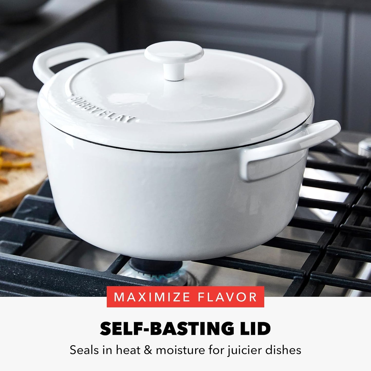 GreenPan x Bobby Flay 5.5QT Enameled Cast Iron Round Dutch Oven with Lid, Dual Handles, Oven Safe to 500F & Induction Suitable, Self Basting Lid, Ultra-Durable, Sear, Braising, Bread, Stews, Ivory - Culinary Roots