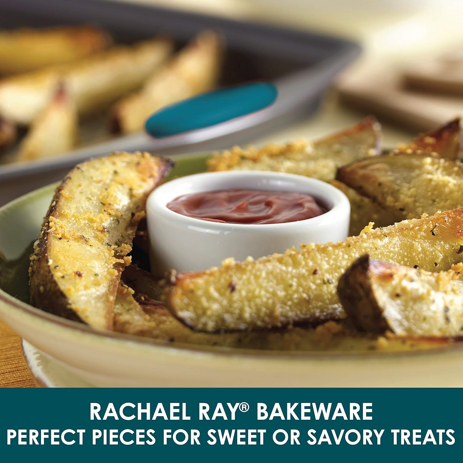 Rachael Ray Bakeware Nonstick Cookie Pan Set, 3-Piece, Gray with Marine Blue Grips - Culinary Roots