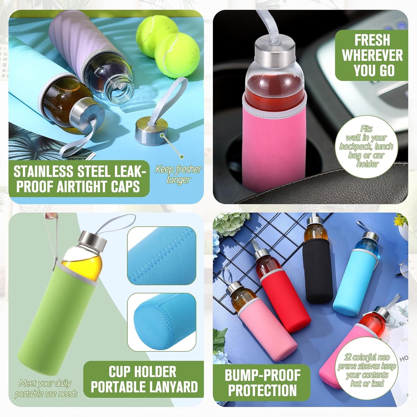 Vesici 12 Set 18 oz Clear Glass Water Bottles, Reusable Glass Juicing Bottles with Protection Sleeve and Stainless Steel Leak Proof Lids for Milk Smoothie Juice Beverage Tea (Colorful,Stylish)