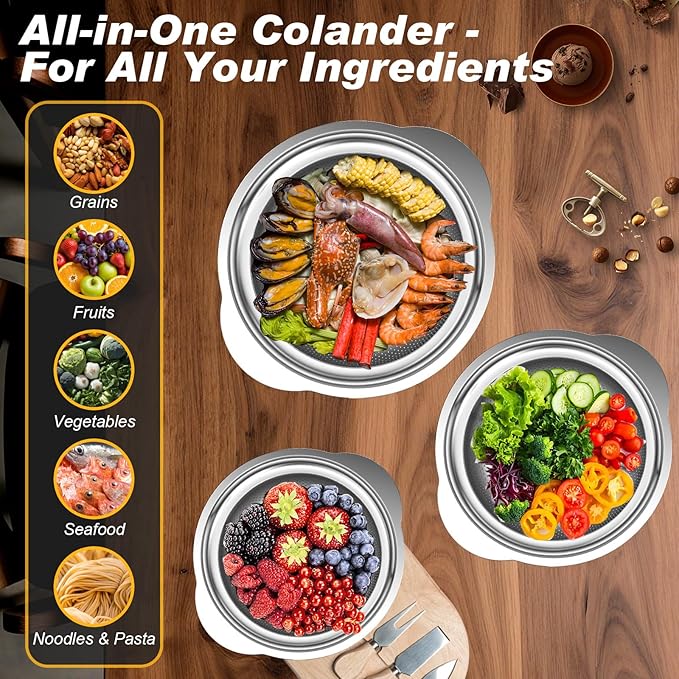 Colander, Stainless Steel Colander for Kitchen, 3Pcs Kitchen Gadget Food Strainer Basket with Handle, Kitchen Strainer Colanders Bowl for Pasta Noodles Spaghetti Vegetables Fruit (1QT, 2QT, 5QT)