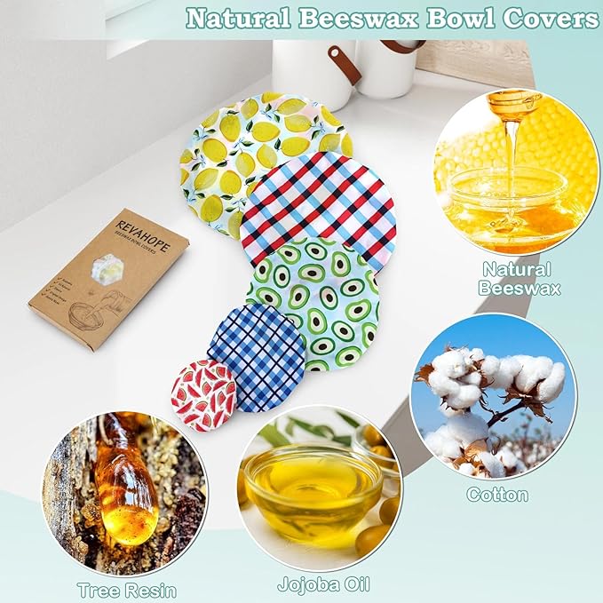 5-Size Reusable Beeswax Bowl Covers for Bread Proofing, Cotton Cloth Flexible Beeswax Wraps for Food Storage(Fruit Grid)