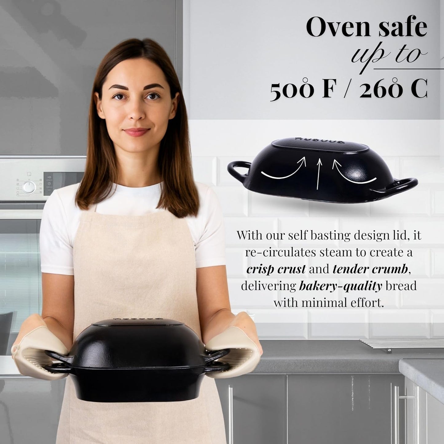 nuovva Dutch Oven For Sourdough Bread Baking – Enamelled Cast Iron Bread Loaf Pot – Oven Safe Non Stick Bread Pot – Rectangular, Black, 24cm x 16cm - Culinary Roots