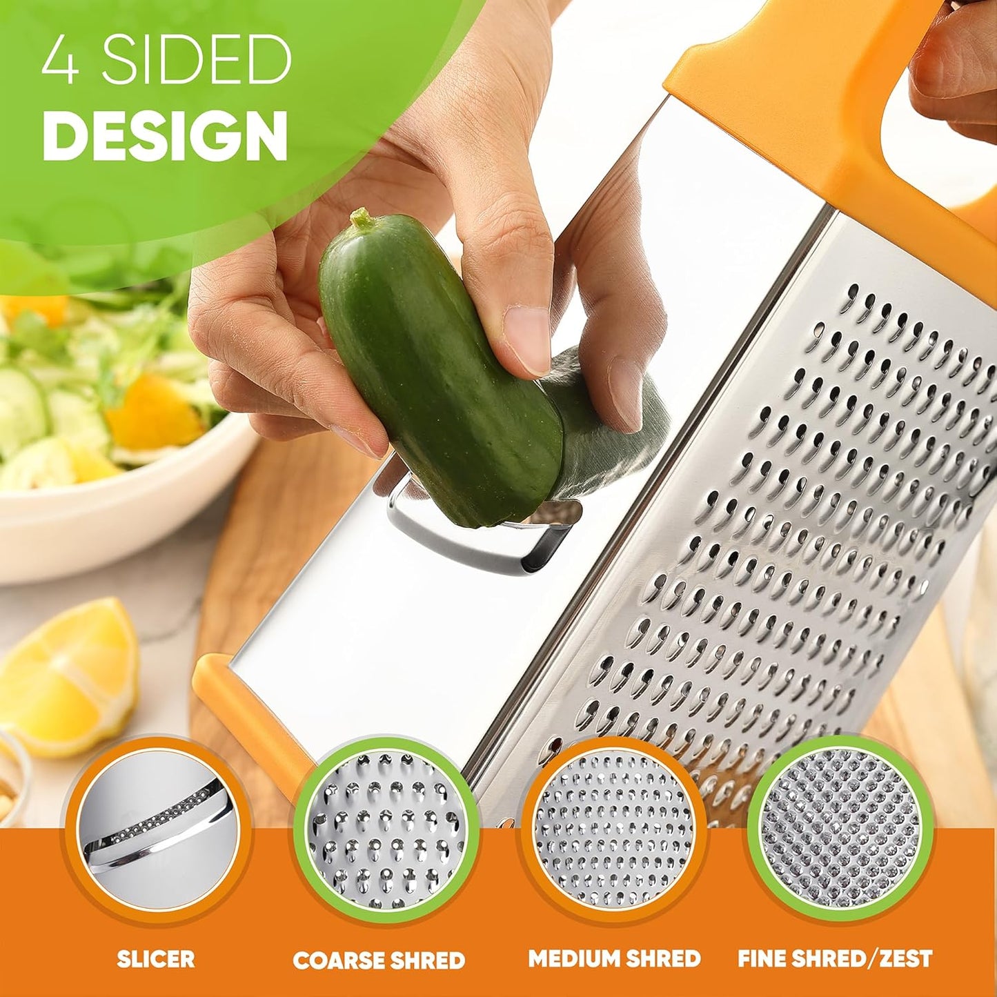 Spring Chef Handheld Stainless Steel XL Parmesan Cheese Grater with Handle - 4 Sided Manual Box Grater for Kitchen - Dishwasher Safe Cheese Shredder for Carrot, Potato, Vegetables, Hash Brown - Mango - Culinary Roots