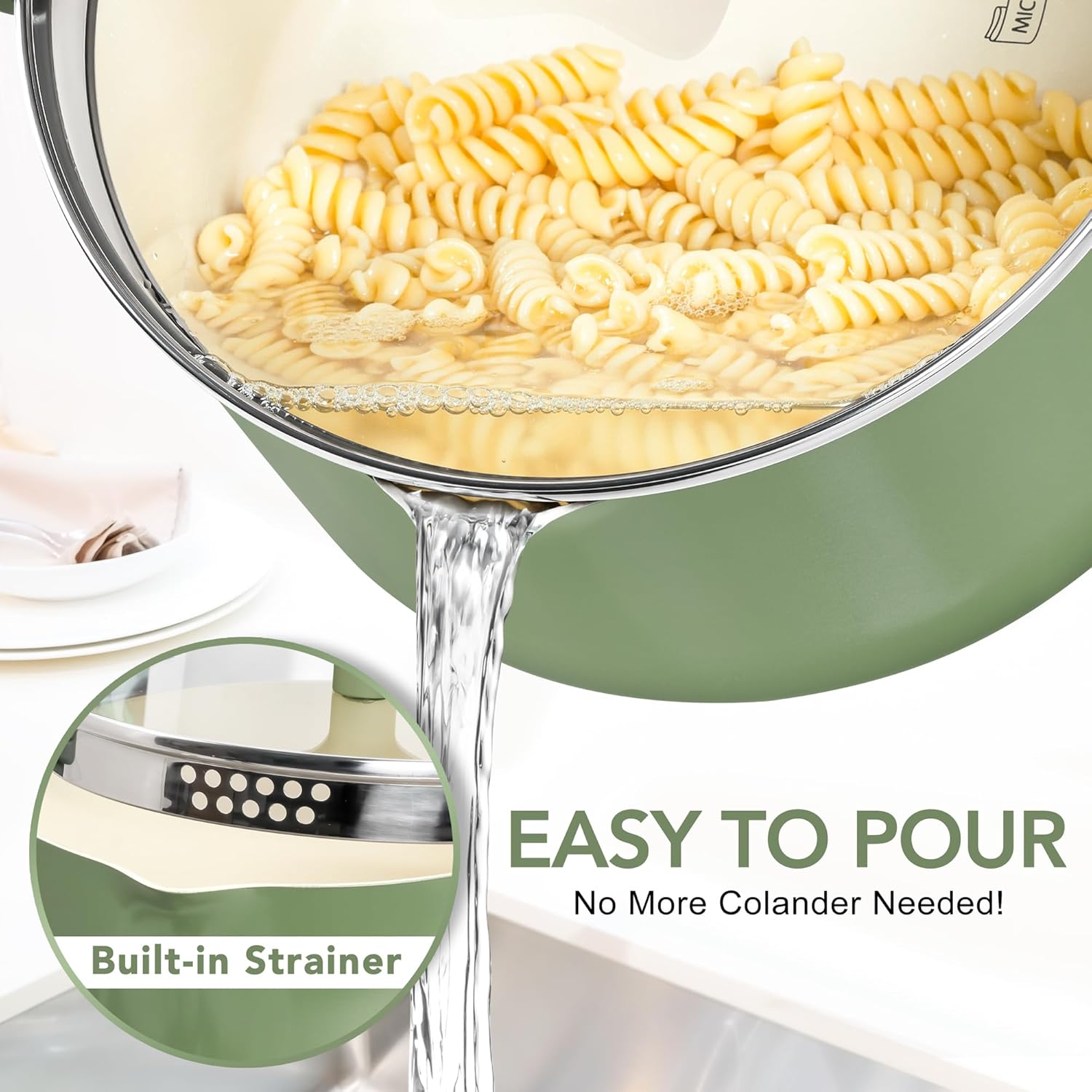 MICHELANGELO Pasta Pot with Strainer Lid - 6 Quart Cooking Pot with Lid, Non Stick Spaghetti Pot Ceramic Coated with Twist and Lock Handles for Easy Draining, Induction Compatible, Roden Green - Culinary Roots