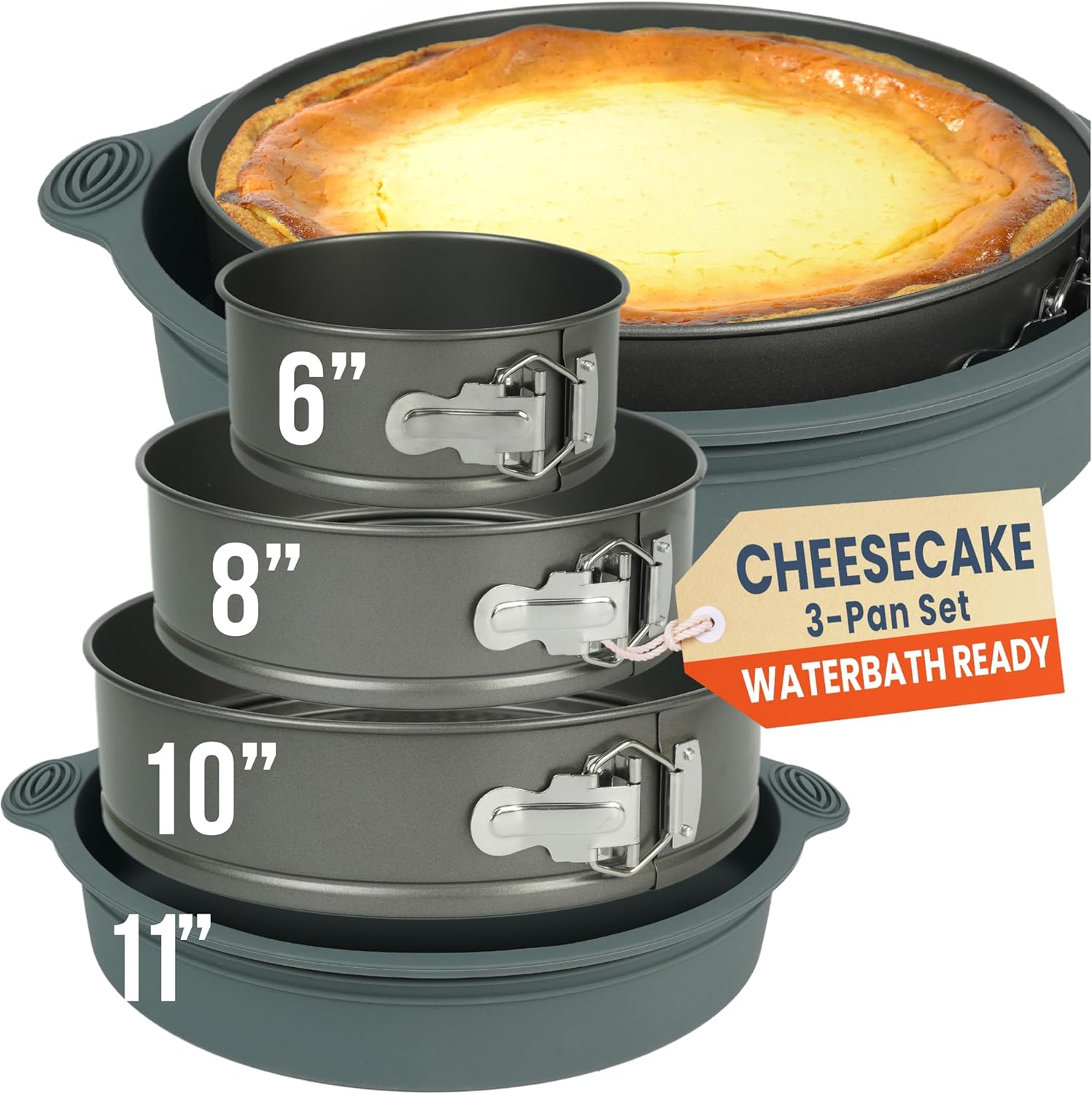 Spring Form Pans for Cheesecake, 6/8/10 Inch NONSTICK Springform Pan Set - Cheesecake Pan Set with LEAKPROOF SILICONE PROTECTOR - Cheese Cake Pans for Baking in WATER BATH - NO FOIL WRAP - Culinary Roots