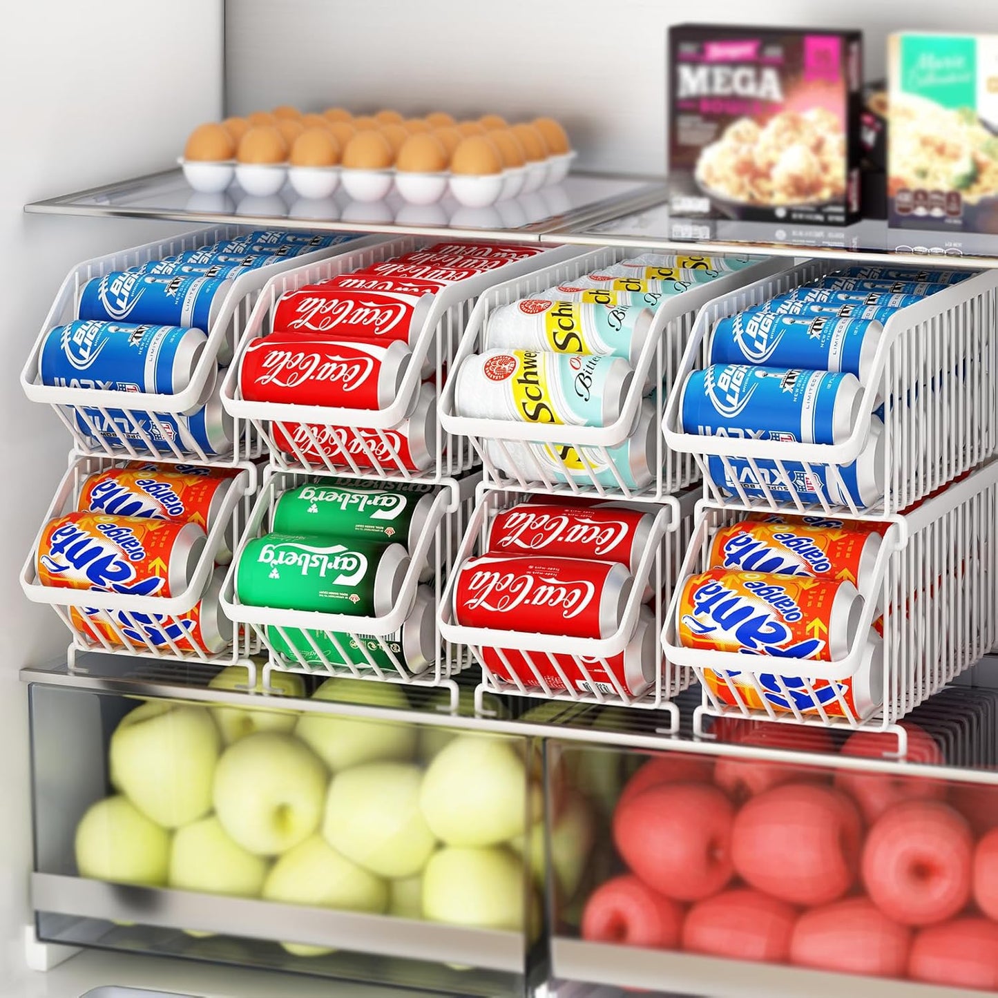 GILLAS 8 Pack Stackable Soda Can Organizer for Refrigerator, Can Holder Dispenser, Canned Food Storage Rack for Fridge, Kitchen, Countertops, Cabinets, White