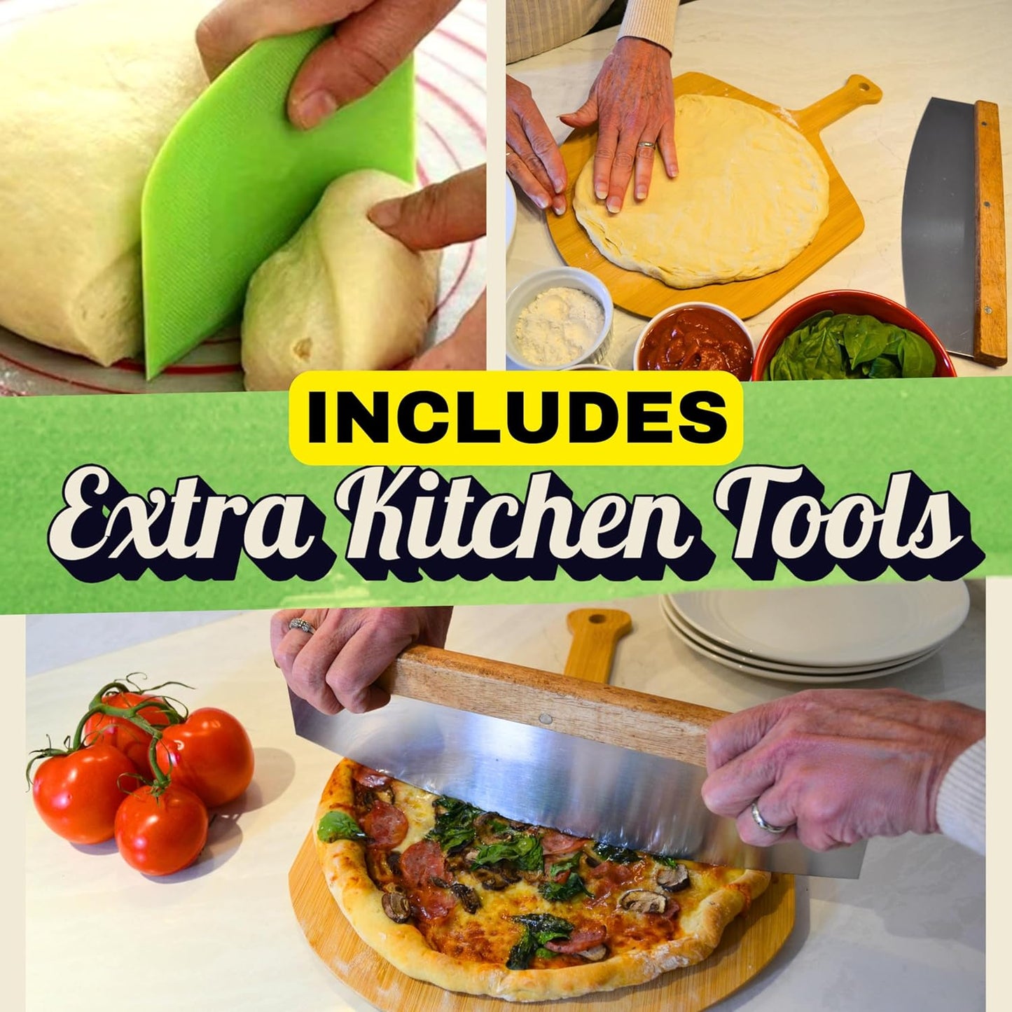 Large Pizza Stone for Oven 16 inch - Round Pizza Stone for Grill with Handles, Wood Pizza Peel and Cutter Set - Baking Stone for Bread - Pizza Making Kit Accessories - Gifts for Food Lovers - Culinary Roots
