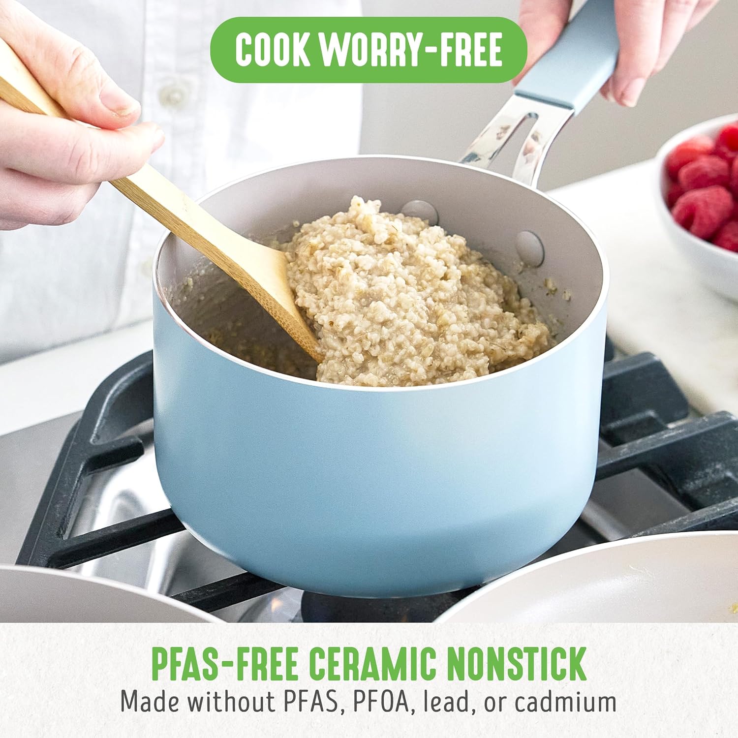 GreenLife 2 Quart Nonstick Saucepan with Lid, Lightweight Healthy PFAS-Free Milk Pan, Dishwasher & Oven Safe Soup Pan, Durable Body, Silicone Stay-Cool Handle, Easy Release Chef’s Pan, Blue Haze - Culinary Roots