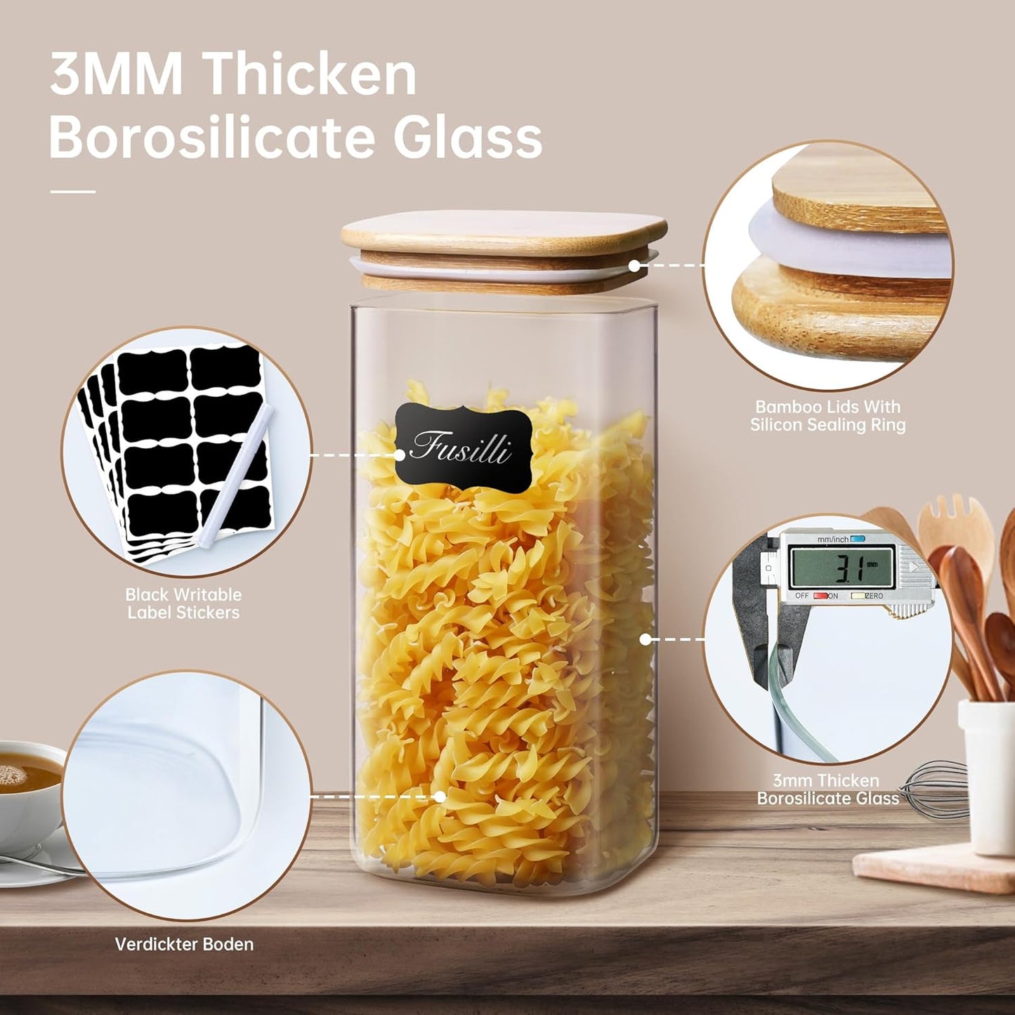 42oz & 27oz - 4 Pack Square Glass Jars with Bamboo Lids, Glass Food Storage Containers with Airtight Lids for Kitchen, Air Tight Pantry Storage Containers for Cereal, Pasta, Rice, Sugar, Coffee, Spice