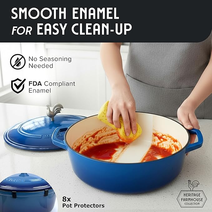 MUELLER HOME 5.5 Quart Enameled Cast Iron Oval Dutch Oven w Rooster Knob & Cotton Potholders, Heavy-Duty Cookware, Oven-Safe up to 500° F & Across All Cooktops, Gifts for Grandma & Women, Aqua Blue