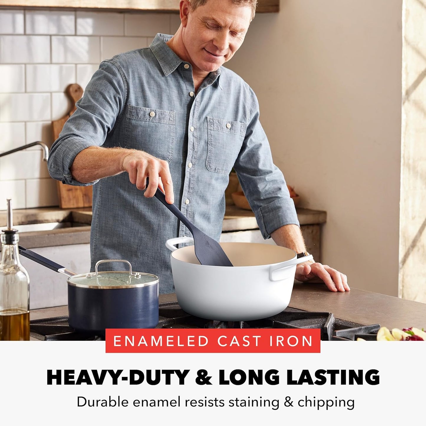 GreenPan x Bobby Flay 5.5QT Enameled Cast Iron Round Dutch Oven with Lid, Dual Handles, Oven Safe to 500F & Induction Suitable, Self Basting Lid, Ultra-Durable, Sear, Braising, Bread, Stews, Ivory - Culinary Roots