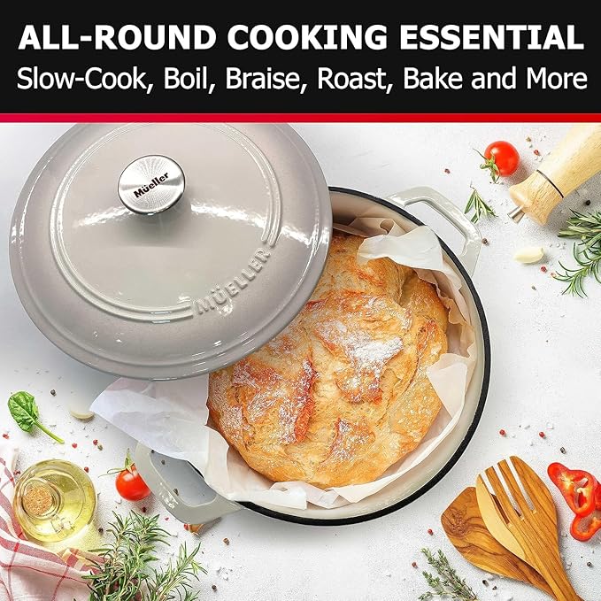 MUELLER HOME 4.5 QT Enameled Cast Iron Dutch Oven, Heavy-Duty Casserole Dish and Braiser Pan with Lid and Stainless Knob, Oven-Safe up to 500° F & Across All Cooktops, Oyster White