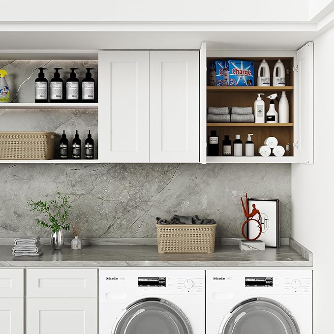 Solid Wood Laundry Room Wall Cabinets, 27 Inch Wide 12 Deep RTA Large Kitchen Storage Organizer Cabinet with 2 Shaker Doors & 2 Adjustable Shelves, Space-Saving for Bathroom, Garage - White