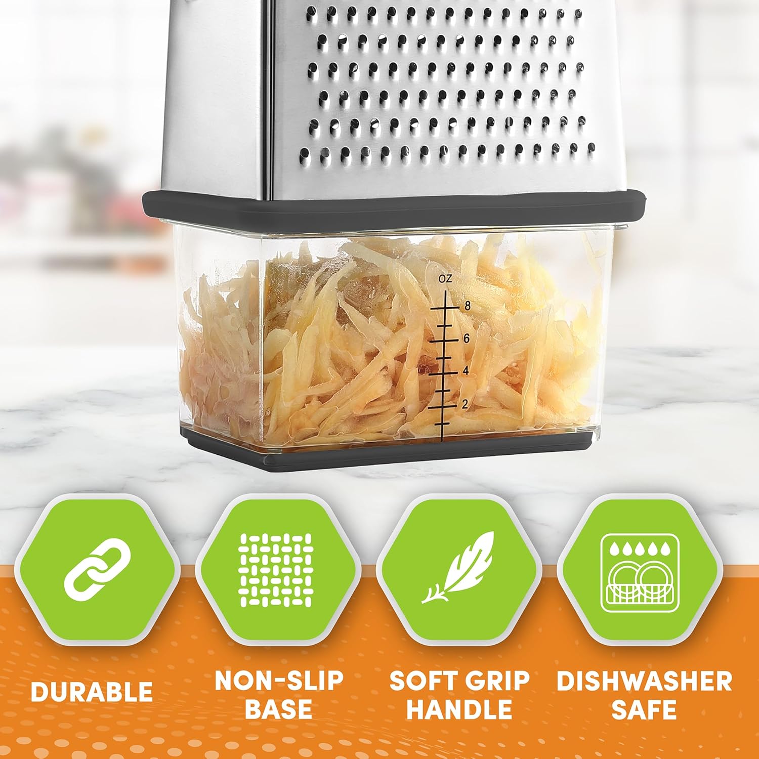 Spring Chef Professional Gray 10" Parmesan Cheese Grater With Container, Stainless Steel & Soft Grip Handle, 4 Sided Kitchen Carrot Shredder, Handheld Box Grater for Potato, Veggie, Ginger, Hashbrown - Culinary Roots