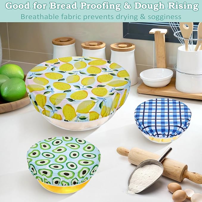5-Size Reusable Beeswax Bowl Covers for Bread Proofing, Cotton Cloth Flexible Beeswax Wraps for Food Storage(Fruit Grid)