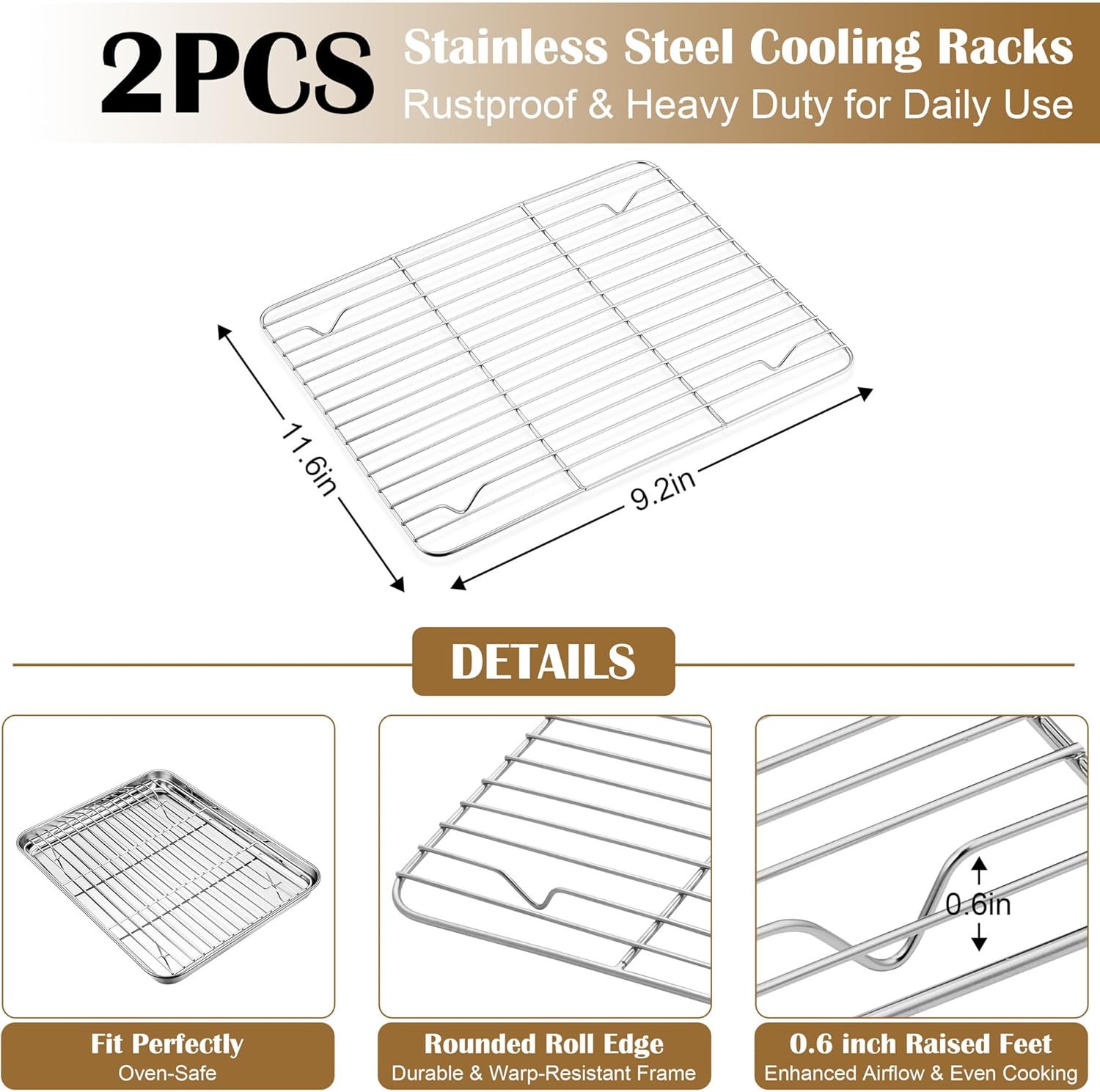 E-far Baking Sheet with Wire Rack (2 Pans + 2 Racks), Stainless Steel Cookie Sheets Pan & Cooling Rack for Baking Cookies Cake, Non Toxic & Heavy Duty, Oven & Dishwasher Safe, 12.4 x 9.7 x 1 Inch - Culinary Roots