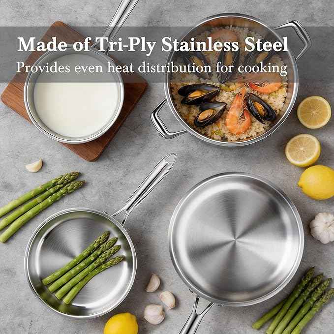 Stainless Steel Cookware Set - VONIKI Tri-ply Stainless Pots And Pans Set with Steamer Basket, Non Toxic Induction Cookware, Kitchen Cookware Sets PFOA & PTFE Free, Dishwasher and Oven Safe