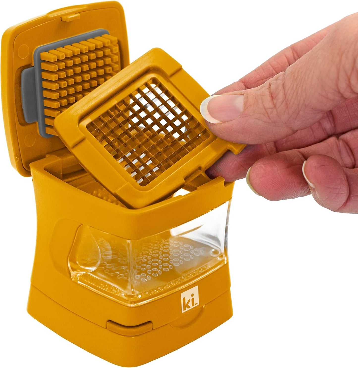 Garlic-A-Peel Garlic Press, Crusher, Cutter, Mincer, and Storage Container - Includes Silicone Garlic Peeler - Easy to Clean - Stainless Steel Blades – (Honey), standard - Culinary Roots