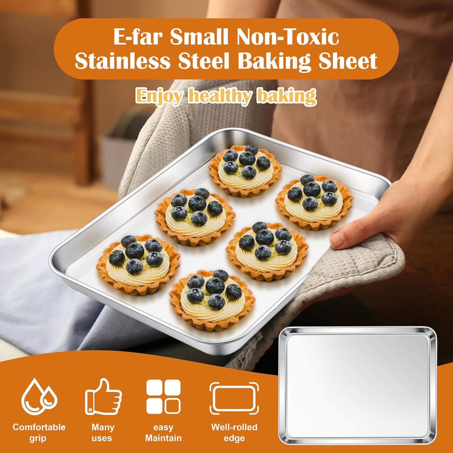 E-far Toaster Oven Tray, 10.5”x8.3” Stainless Steel Small Baking Cookie Sheet, Compact Non-toxic Metal Baking Pan for Cake, Healthy & Rust Free, Mirror Finish & Dishwasher Safe, 1 Pack - Culinary Roots