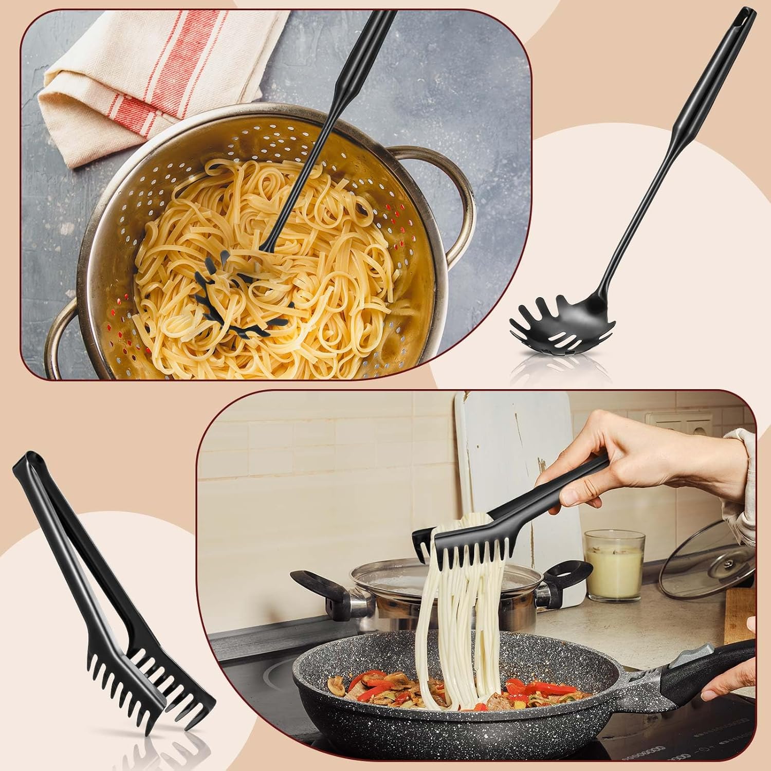 Patelai 2 Pcs Stainless Steel Pasta Spoon with Teeth Large Spaghetti Utensil, 9.4'' Tong and 13.6'' Pasta Fork with Vacuum Handle, Comfortable Grip Design Spoons for Kitchen(Black) - Culinary Roots