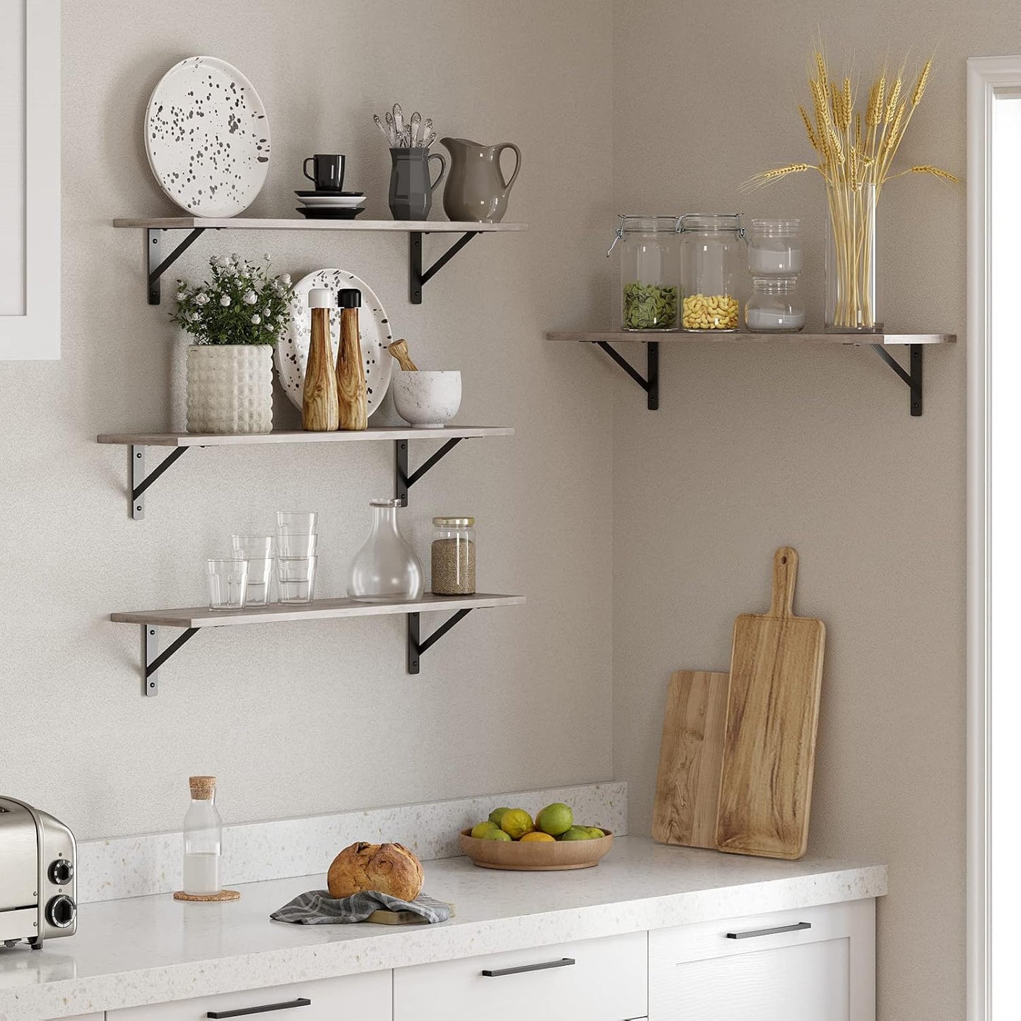 DINZI LVJ Wall Shelves, 23.6 x 7.9 x 6.1 Inch Floating Shelves for Wall, Set of 2, Easy-to-Install Wall Storage Ledges with Sturdy Metal Brackets for Living Room, Bathroom, Kitchen, Greige