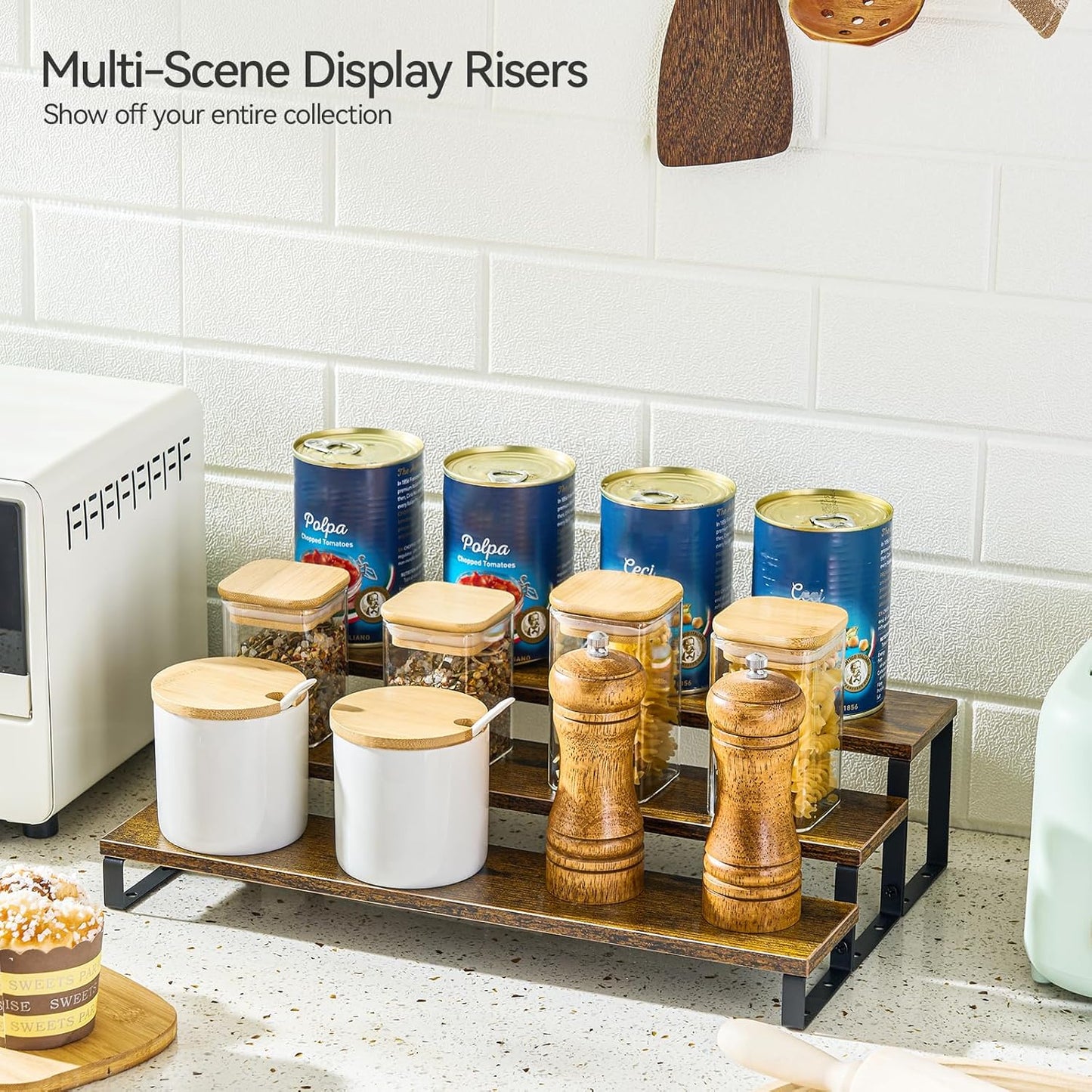 Spice Rack,Wooden Display Riser Stand, 3-Tier Perfume Stand and Cologne Organizer Stand, DIY Spice Rack Organizer, Display Shelf Metal Frame