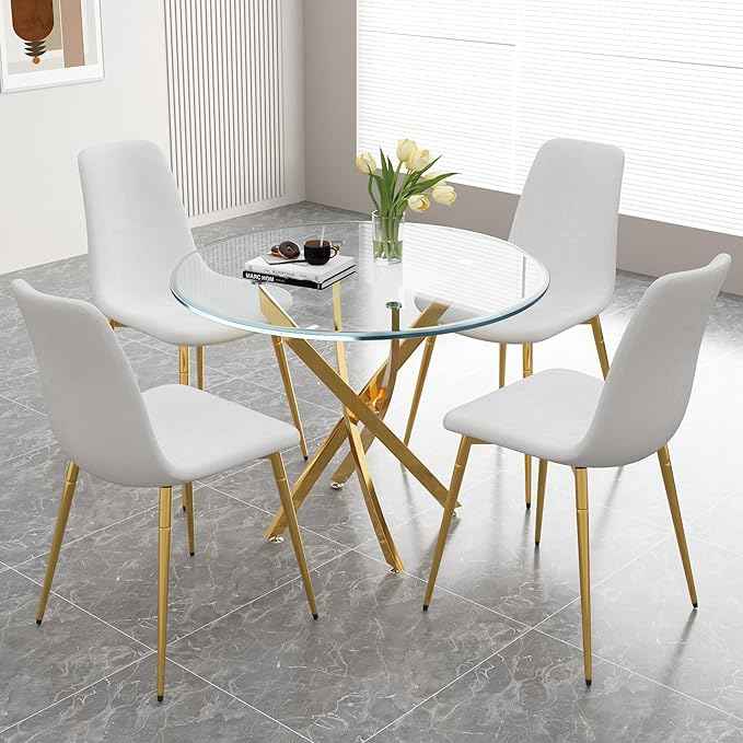 AF ARTISAN FURNITURE 36" Round Glass Dining Table for 4, Stainless Steel Legs & Tempered Glass Top, Modern Circle Leisure Table for Home Office Kitchen Dining Room Small Spaces (Gold Leg)