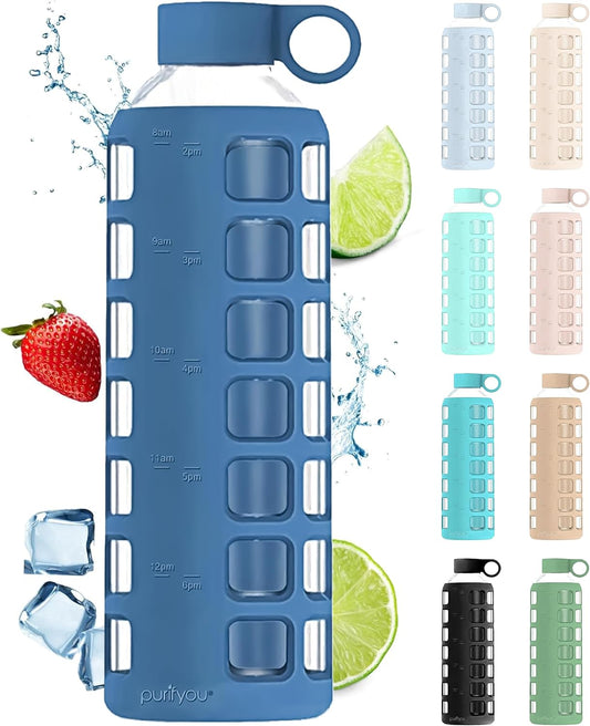 purifyou 40oz / 32oz / 22oz / 12oz Borosilicate Glass Water Bottle with Time & Volume Markers, Silicone Sleeve, Stainless Steel Lid – Reusable Glass Bottle for Water & Juice (40oz Chinese Porcelain)